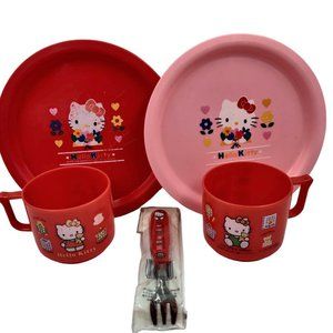 Vintage 94 96 Hello Kitty Sanrio Set 2 Red Pink Plastic Plates 2 Red Cups 1 Fork